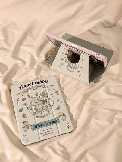 1 Piece, Cartoon Tea Cup Rabbit Pattern Rotating Acrylic Tablet Protective Case, Suitable For 10th/11th/Pro 13 2025, Foldable Stand, Shockproof And Dustproof, Supports Automatic Wake-Up/Sleep, Is A Must-Have Protective Case For Office/Study/Entertainment, An Excellent Easter Gift, Not A Magnetic Protective Case