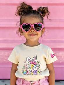 [Easter] - Young Girl Cartoon Print T-Shirt, Suitable For Holiday Wear, Casual Wear, Street Style, Fashionable Girls' Summer Top. Ideal Easter Gift For Kids, Perfect Outfit To Celebrate Happy Easter! - Apricot - View 1