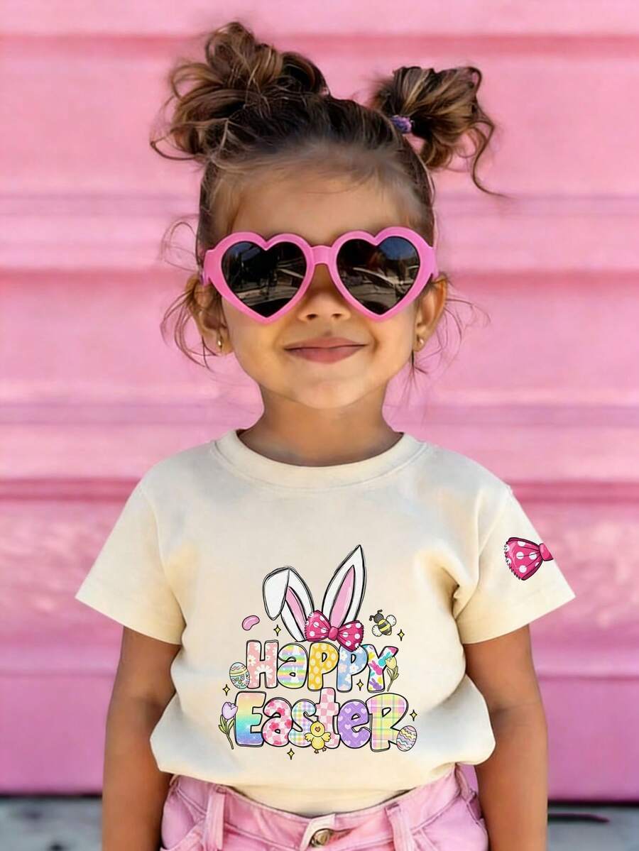 [Easter] - Young Girl Cartoon Print T-Shirt, Suitable For Holiday Wear, Casual Wear, Street Style, Fashionable Girls' Summer Top. Ideal Easter Gift For Kids, Perfect Outfit To Celebrate Happy Easter! - Apricot - View 1