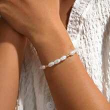 1PC Fashionable And Simple Rice Bead Interval Faux Pearl Bracelet, Faux Pearl Bead Bracelet, Rice Bead Elastic Bracelet, Gift For Girlfriend, Birthday Gift, Best Friend Gift, Anniversary Gift - Multicolor - View 2