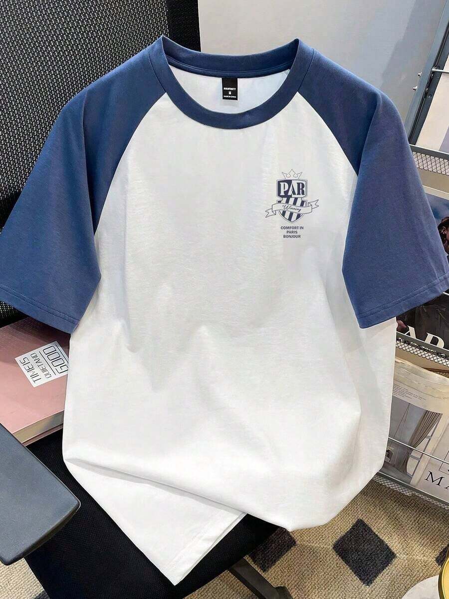 Camiseta de manga raglán de color contrastante con estampado gráfico de logotipo, estilo universitario casual para hombre, corte estándar. - Colores mixtos - Ver 1