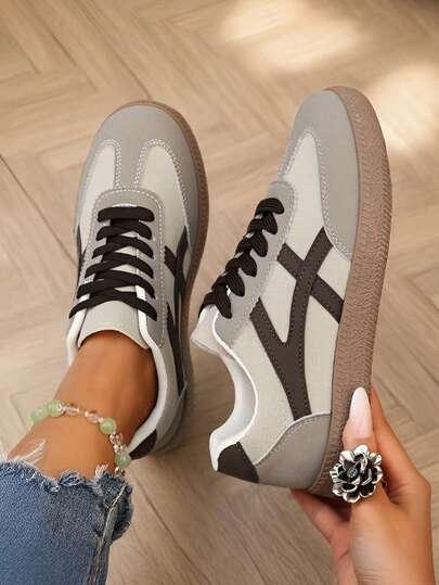 Trending Retro Style Casual Shoes For Women, Spring/Autumn, Light Gray Patchwork, Suede, Soft Sole, Lightweight, Comfortable For Daily Wear, Student, Commute