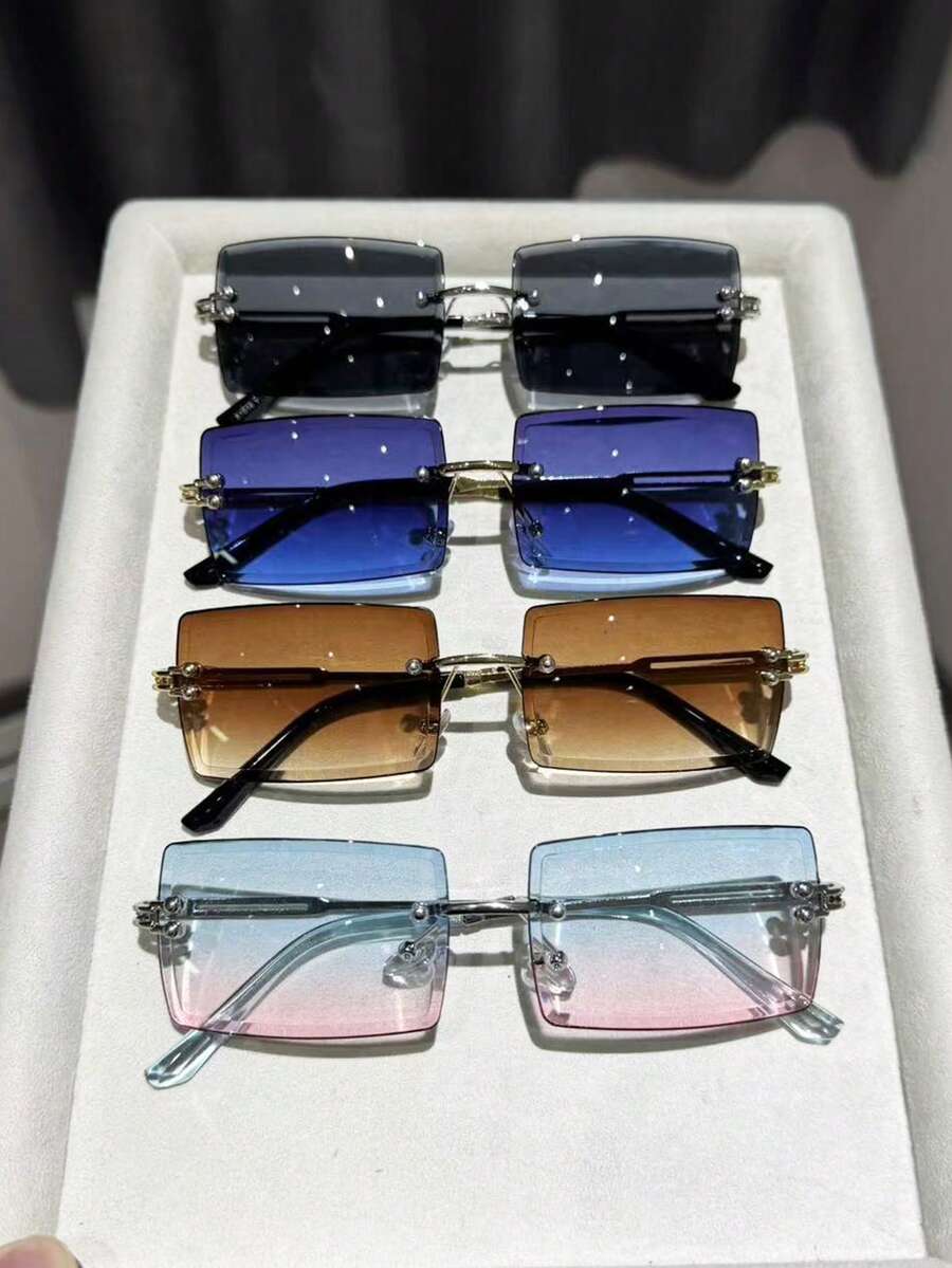4pcs Men Rimless Square Glasses Casual Style Classic Modern Simple Style Fashion Glasses For Vacation Outfits Street-Photography Shopping Bar Accessories - 4pcs 灰藍粉茶組合 - 查看 1