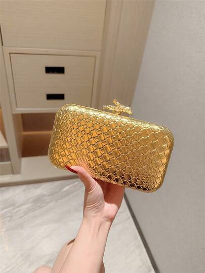 月光之夜手提包，金色时尚优雅高端合成革编织纹理晚宴包，独特蛇纹图案化妆包，女士晚宴包，便携式钱包，带金属链斜挎包，适合婚礼、庆典、派对等场合，金色手提包