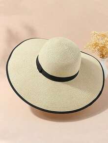 1pc Women Straw Hat With Random Width Black, Spring/Summer Beach Travel Wide Brim Vacation Hat - 黑色 - 查看 3