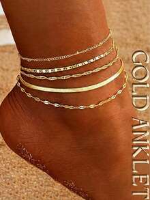 5件套女士镀金叠层脚链 - 波西米亚风蛇形链和费加罗链脚链，夏季沙滩可调节脚链套装 - 金色 - 查看 1