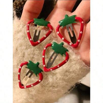 4Pcs Cute Strawberry Fruit Shaped Snap Hair Clips Simple Hollow Forehead Broken Hair Clip Sweet Side Bangs Fixed BB Clip