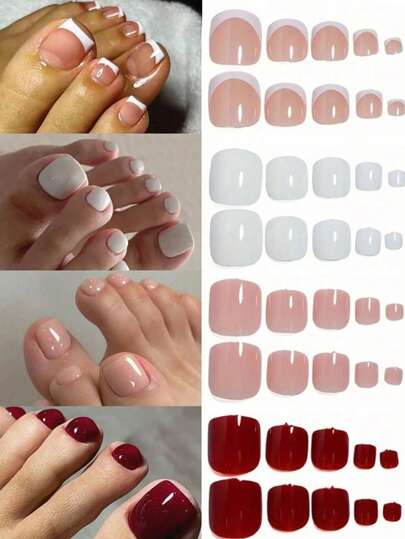 Y2K风格纯色法式美甲短方形甲片，96片装，红色、粉色、白色，简约设计，适合上班族、日常佩戴、约会、下午茶、外出等场合。