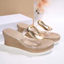 New Plus Size Women Comfortable Minimalist Parallel Rhinestone Transparent Double Strap Open Toe Wedge Heel Slides Sandals, Casual Fashion Vacation Beach Summer Shoes - Champagne - View 5