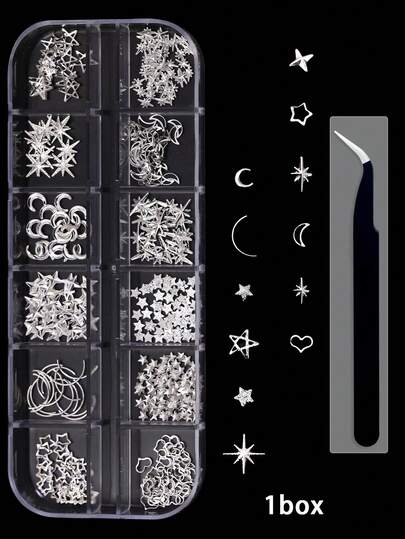 12-Piece Assorted Y2K Style Silver Star & Heart Sequins Nail Art Accessories Star Cluster Glitter Nail Decorations & Tools Includes Tweezers, Handmade DIY Art Decorations Y2K Style Women's Nail Art Decorations Suitable For Makeup & Styling Supplies Nail Art Sets - Nail Art Accessories - Christmas Nail Decorations, Valentine's Day Nail Art