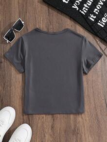 Camiseta de manga corta para niño con estampado de letras simples y planetas de dibujos animados, adecuada para primavera/verano. - Gris Oscuro - Ver 4