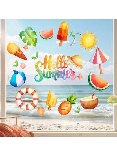 1PC Fresh Summer Party Ice Cream Multi-Element Glass Sticker, No Glue Static Cling For Shop Window Display