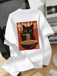 复古卡通猫吃面条印花T恤，面料柔软舒适，适合男孩户外运动、日常穿着、街头风、校园风，春夏时尚休闲上衣。 - 白色 - 查看 5