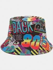 1顶男女通用复古经典“80、90年代”卡带收音机涂鸦印花双面渔夫帽，轻便透气宽檐遮阳帽，百搭休闲街头风，适合各种场合 - A - 查看 9