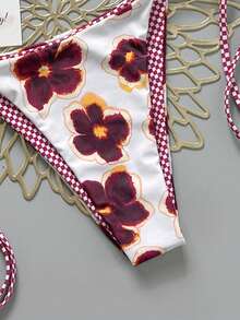 2pcs Retro Floral Colorblock Plaid Print Bikini Swimwear, Suitable For Beach, Pool, Cruise, Party In Spring & Summer Vacation - White Purple - View 5