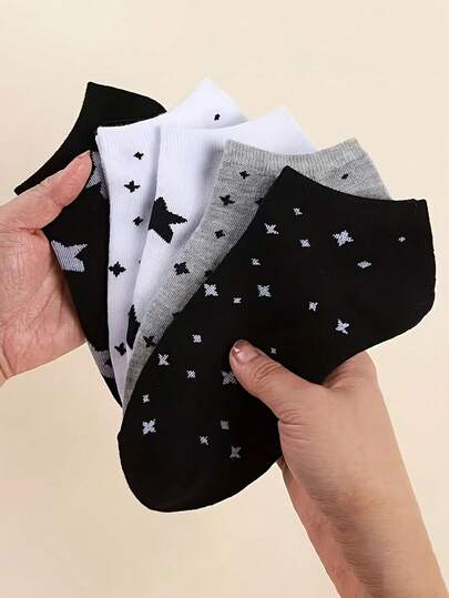 5 pares de calcetines cortos con estampado de estrellas en negro, blanco y gris, transpirables y antideslizantes, estilo coreano