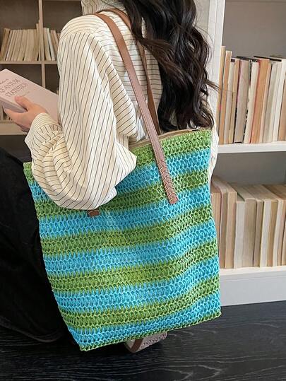 大容量女士手提包，新款时尚度假草编沙滩包，多功能单肩包，适合购物和旅行