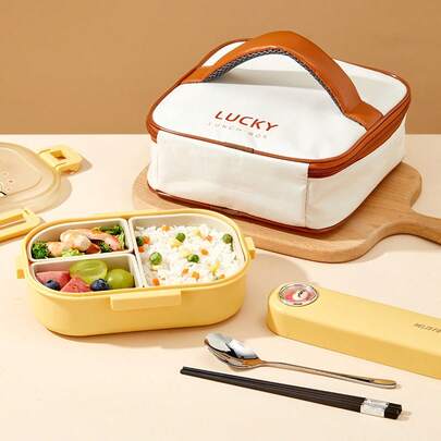 1000ML 3 Compartments Portable Plastic Lunch Box, Cute Patterned Fruit Salad Bento Box, Large Capacity Sealed Leak Proof Lunch Container, Detachable Divided Fruit Fresh-Keeping Box, Microwave Heatable, Suitable For Student And Adult Use In School, Office, Outdoor Camping, Picnic, Travel