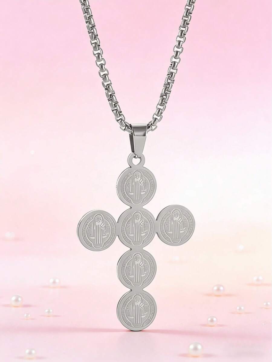 1pc St. Benedict Medal Cross Pendant Necklace, Stainless Steel Catholic Religious Jewelry, Unisex - Multicolor - View 1
