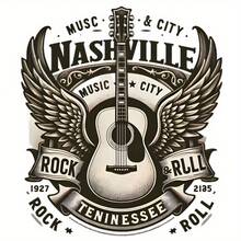 1 件耐用聚氨酯热转印贴纸，印有复古纳什维尔音乐之城摇滚吉他翅膀图案，适用于服装、包袋、枕头等。 - L - 查看 1
