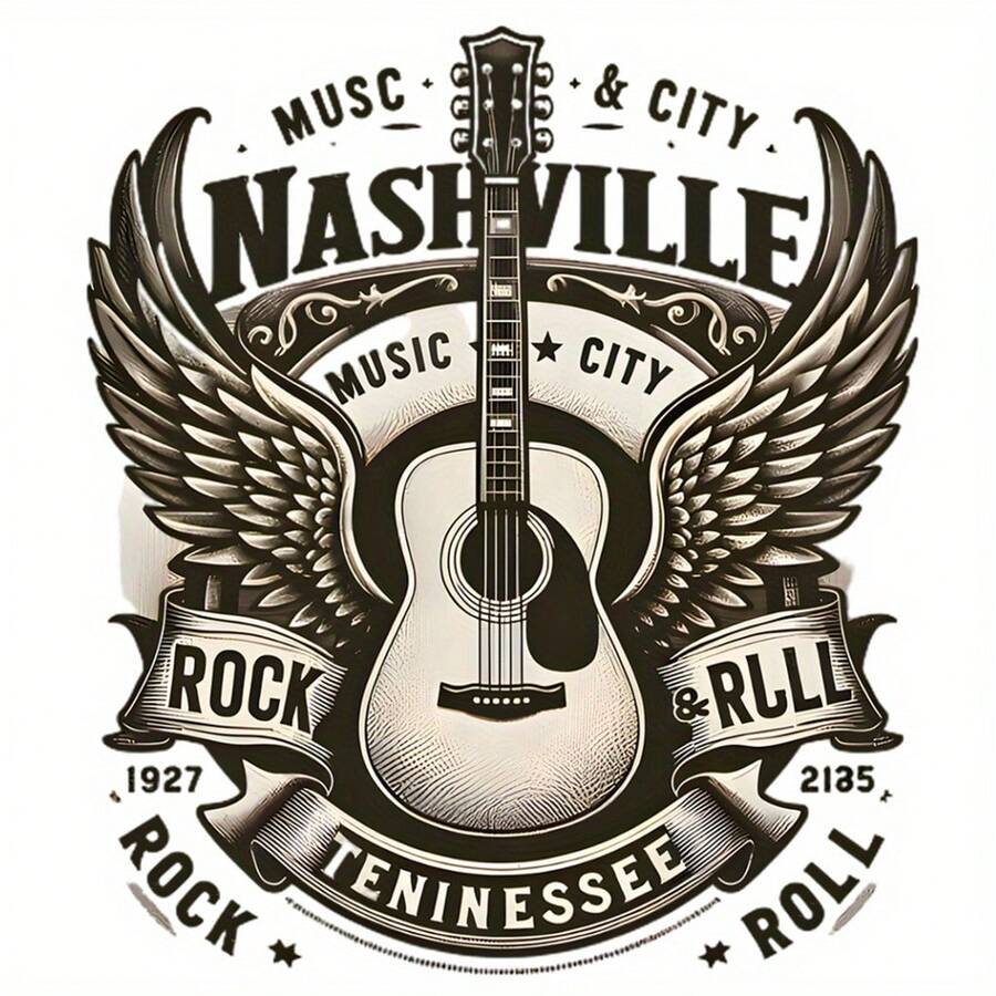 1 件耐用聚氨酯热转印贴纸，印有复古纳什维尔音乐之城摇滚吉他翅膀图案，适用于服装、包袋、枕头等。 - L - 查看 1