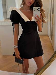 This Elegant And Minimalist Dress Is Very Suitable For Daily Commuting. The Dress Features A Waist-Tie Design And An A-Line Dress Silhouette, With A Bowknot Detail At The Cuffs. Party Black Summer - Black - View 2