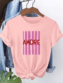 Women'S  Short Sleeve T-Shirt| Romantic Stripe "AMORE" Letter Print, Crew Neck, Machine Washable, Comfortable, Soft, Breathable, Suitable For Spring/Summer/Fall, Casual And Fashionable, Versatile For Daily Wear And Various Activities - Pink - View 1