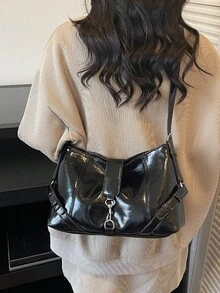 This Fashionable Modern Women's Shoulder Bag Features Metal Decorative Straps, A Unique High-End Design With Metal Buckle Details, And A Contemporary Commuter-Style All-Black Color Scheme. - Black - View 4