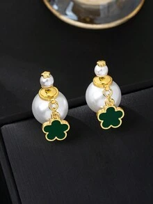 1 Pair 18K Gold Plated Copper Cubic Zirconia Asymmetric Heart & Star Earrings, Faux Pearl, Elegant Gift For Women, Mother's Day, Christmas - White - View 4