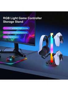 Game Stand With Controller & Headphone Holder, Multi-Device Charging Station With Dual USB & Type-C Fast Charging Ports, 7 LED Lighting Modes, Desktop Organizer For Gaming Setup - Black - View 3