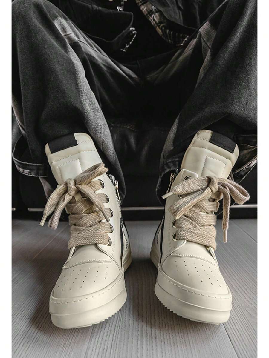 Men's Athletic And Casual Shoes, Thick Shoelaces, Round Toe, High-Top Casual Shoes, Niche Retro Platform Skate Shoes. - 米色 - 查看 1