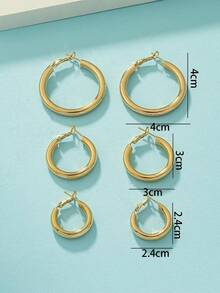 Set Of Three Pairs Of Classic Metal Circle Shaped Earrings And Half Moon Hoop Earrings - 黃金 - 查看 5