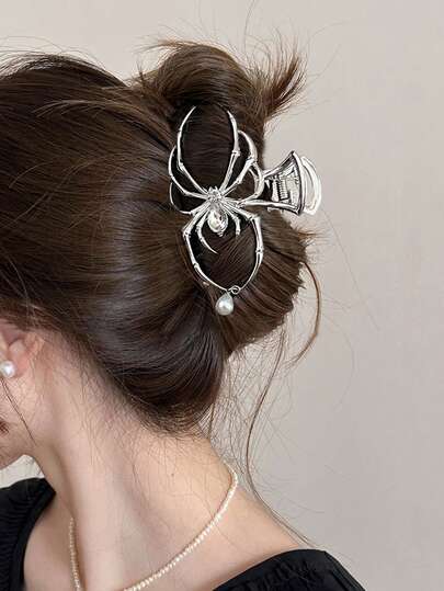 1件装女士纯色Y2K甜美酷炫风格个性化骷髅蜘蛛爪水钻仿珍珠合金金属大号发夹，适合节日和日常使用，发夹、发卡、发夹、发抓夹、发饰、配饰、学习用品、大学用品、珍珠发饰秋冬爪夹，适合度假装扮。