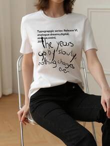 2026夏季新款女式圆领休闲宽松英文印花图案T恤，百搭日常学院风短袖T恤，1件装 - 白色 - 查看 3