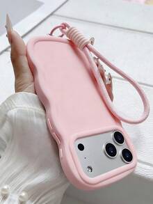 Keychain,Lanyard Simple Macaron Big Wave With Lanyard Phone Case Compatible With IPhone 17 Pro Max Air 16 1514 13 12 Pro Max 14 15 16 Plus 11 Fashionable And Premium Shockproof Bumper Cover - Pink - View 4