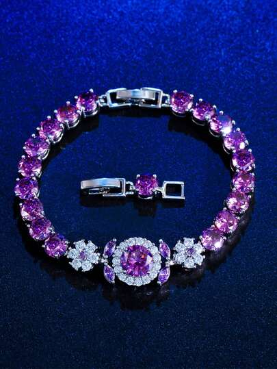 1件镀银CZ水晶紫色花朵圆形网球链手链，镶嵌粉色立方氧化锆的新娘首饰，适合婚礼、订婚、宴会、选美、舞会、伴娘等场合。