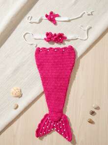 3件套手工钩织美人鱼尾巴服装新生儿摄影道具婴儿派对礼服派对礼物婴儿摄影服装 - 彩色 - 查看 4