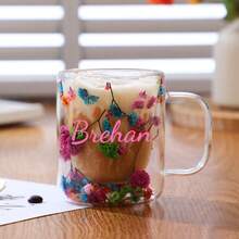 Customized Text & Petal Design High-Value Dual-Layer Glass Cup, Creative High Borosilicate Glass Cup With Real Flowers - Multicolor - View 6