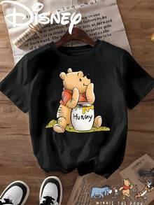 Disney Licensed Winnie The Pooh Cartoon Printed Cute And Fun Pattern Women'S Casual  Versatile Stylish T-Shirt, Perfect For Everyday Wear, Suitable For Spring And Summer, Made From Stretchy Fabric With A Classic Round Neck Cut - màu đen - Xem 1