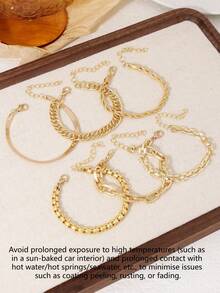 Set de 6 piezas de pulseras minimalistas de estilo punk con cadena de metal, combinación de moda con cuerda, serpiente y diseño retorcido, pulseras multicapa, regalo para mujer para vacaciones/citas, para combinar diariamente - Amarillo Oro - Ver 2