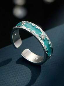 1 chiếc nhẫn có thể điều chỉnh được bằng men xanh bạc hà thiết kế thanh lịch họa tiết hoa độc đáo - Màu xanh lá cây đậm - Xem 13