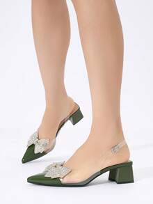 Women's Rhinestone Bow Decor Pointed Toe Transparent Chunky Heel Slingback Pumps, Elegant & Comfortable, Suitable For Party, Wedding, Banquet, Home Gathering In Spring, Summer, Autumn, Winter, Military Green PVC Transparent High Heels - Army Green - View 4