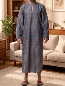 Men's Muslim Robe Home Robe Leisure Vacation Robe Courtyard Style Robe With Pockets On Both Sides Hemp Fork Length Moderate - Grey - View 2