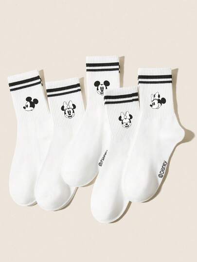 Disney 5/1 par de calcetines de tripulación de primavera/verano, lindos calcetines blancos y negros con cabezas grandes y estampados de dibujos animados, clásicos y simples, con absorción de humedad y cómodos, con doble raya blanca, adecuados para fiestas, deportes casuales, salidas y regalos