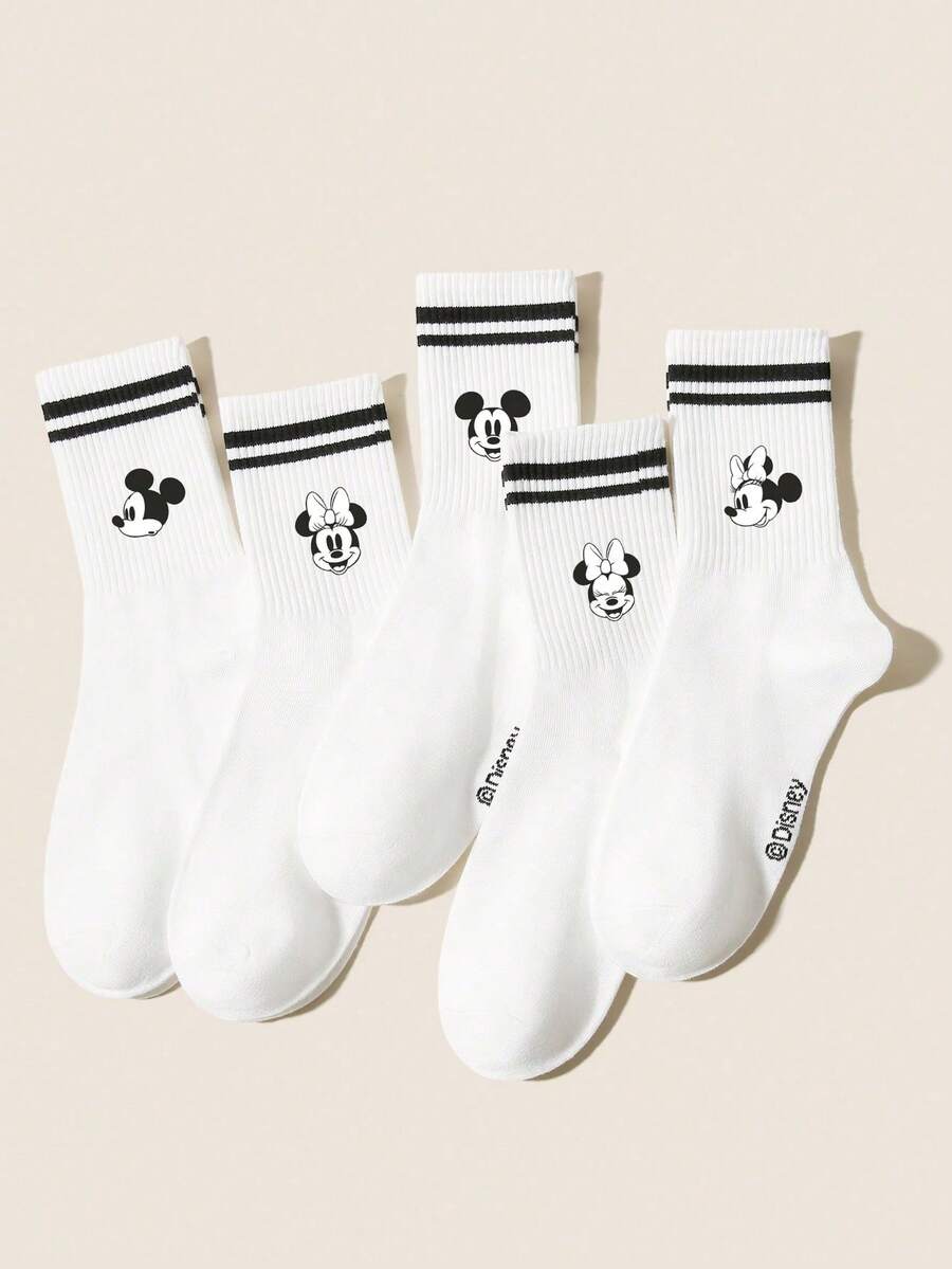 Disney 5/1 Pair Spring/Summer Crew Socks, Cute Cartoon Black & White Big Head And Pattern, Classic Simple Moisture-Wicking Comfortable White Double Stripe Socks/Sports Socks, Suitable For Parties, Casual Sports, Outings, Gift Giving - Black and White - View 1