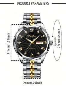 日派时尚男士自动机械表，耐用不锈钢表带，双日历夜光男士腕表 - 情人节礼物 - 銀色 - 查看 3