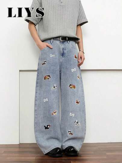 1件 Y2K 嘻哈风格泰迪熊刺绣宽松阔腿牛仔裤，美式复古刺绣阔腿牛仔裤（不含腰带和配饰）