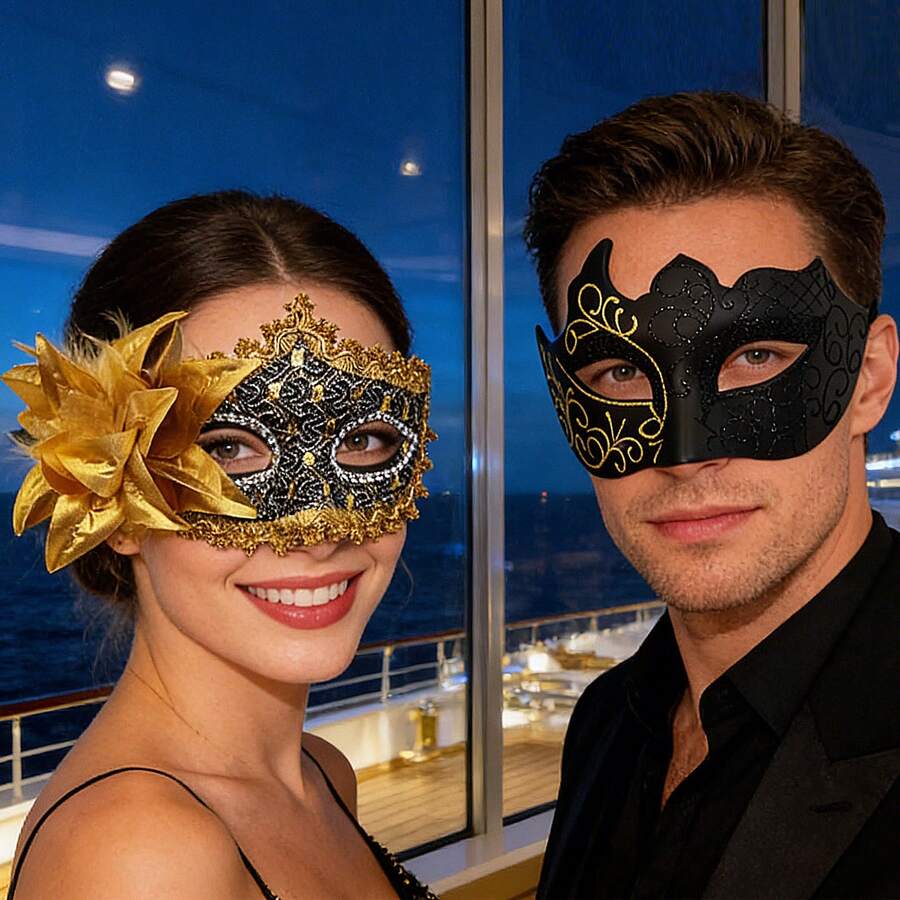 Unisex Masquerade Mask, Carnival And Venetian Costume Mask, Women's Side Flower Eye Mask, Suitable For Christmas, Halloween, Costume Party, Couple Masquerade Ball Mask Set, Venetian Party Mask - Gold - View 1