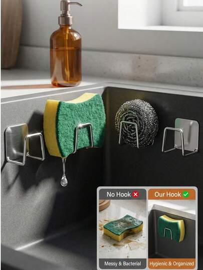 1 pieza Soporte adhesivo de esponja para fregadero de cocina, Cesta de fregadero de acero inoxidable 304 resistente al agua, Organizador de paño de platos y cepillo de fregar montado en la pared sin taladrar para baño y cocina, a prueba de óxido - Soporte de esponja plateado