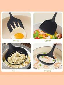 8pcs Silicone Kitchen Cooking Utensil Set, Including Chinese Spatula, Wok Spatula, Soup Ladle, Strainer, Frying Spatula, Pasta Server, Salad Tongs, Honey Dipper, Available In Red And Black Colors - Multicolor - View 8